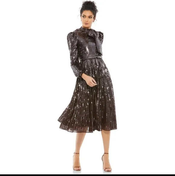 knee length dresses for ladies Mac Duggal Women's Sequined Floral Long Sleeve High Neck Midi Dress main image 0